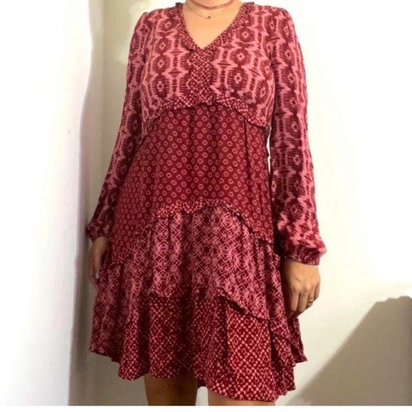 Anthropologie Dress Long Sleeve Tiered Skirt V-Neck Mini Knee Length Loose Fit L - Picture 9 of 15